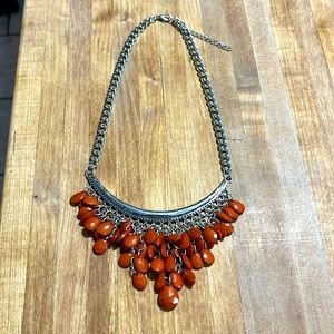 Paparazzi Silver Bib Style Necklace with Brown Sienna Tear Drop Beads, Boho Chic